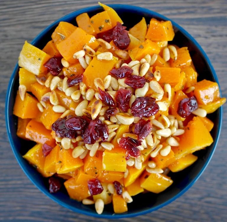 Roasted Butternut squash with pine nuts and cranberries