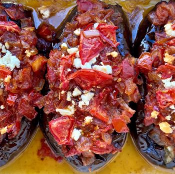 MEDITERRANEAN EGGPLANT STUFFED WITH FRESH TOMATO AND ONION