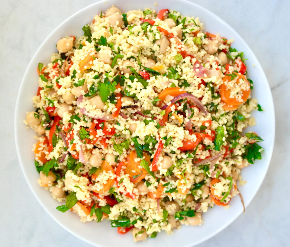 Roasted Vegetable and Chickpea Couscous Olive Tomato